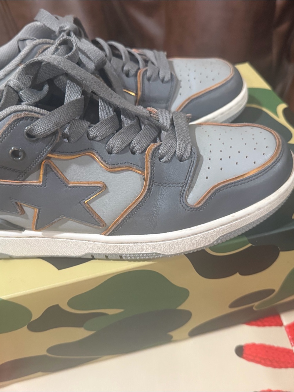 A Bathing ApeGray Low-Top Leather Sneakers with Gold Trim